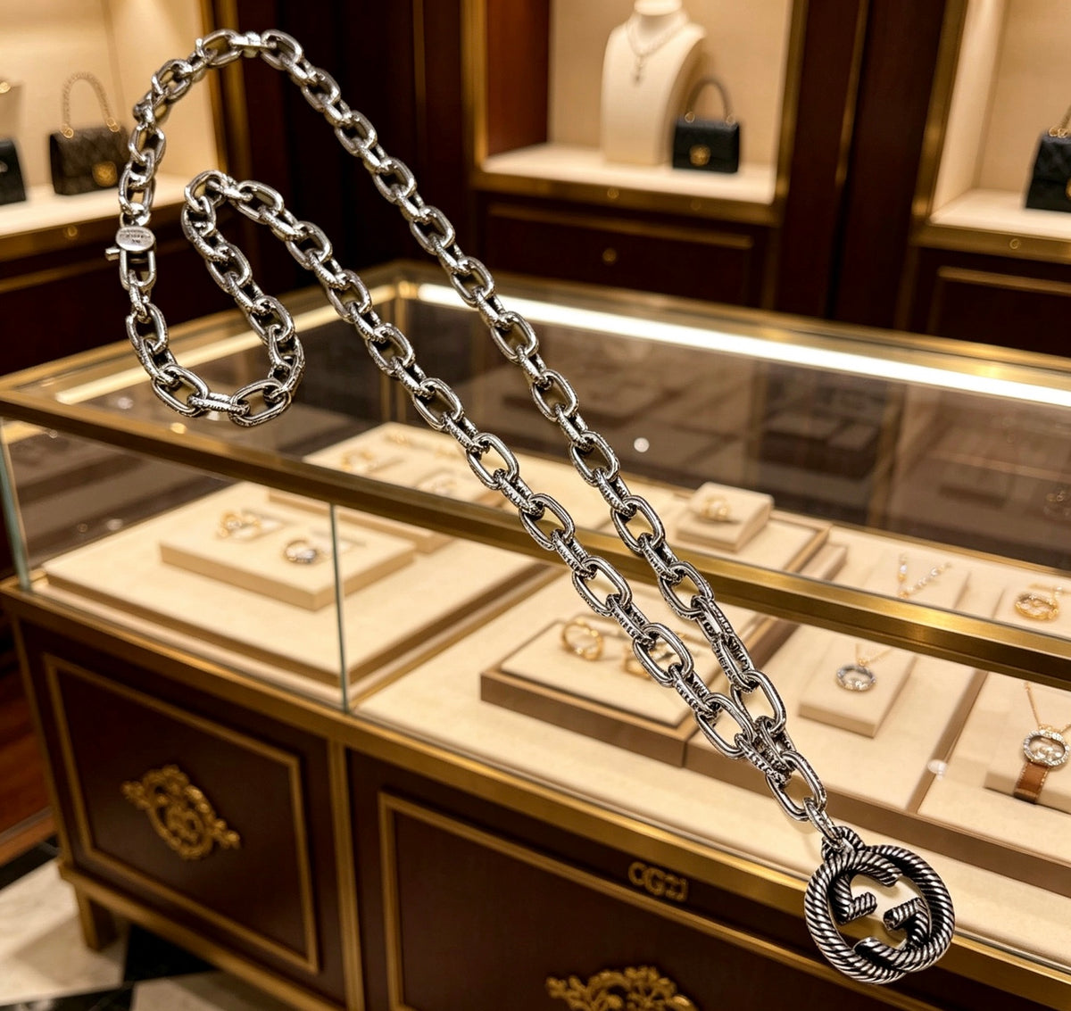 Double-G Emblem Pendant Necklace in Polished Metal-Tone – Design 051 main product view
