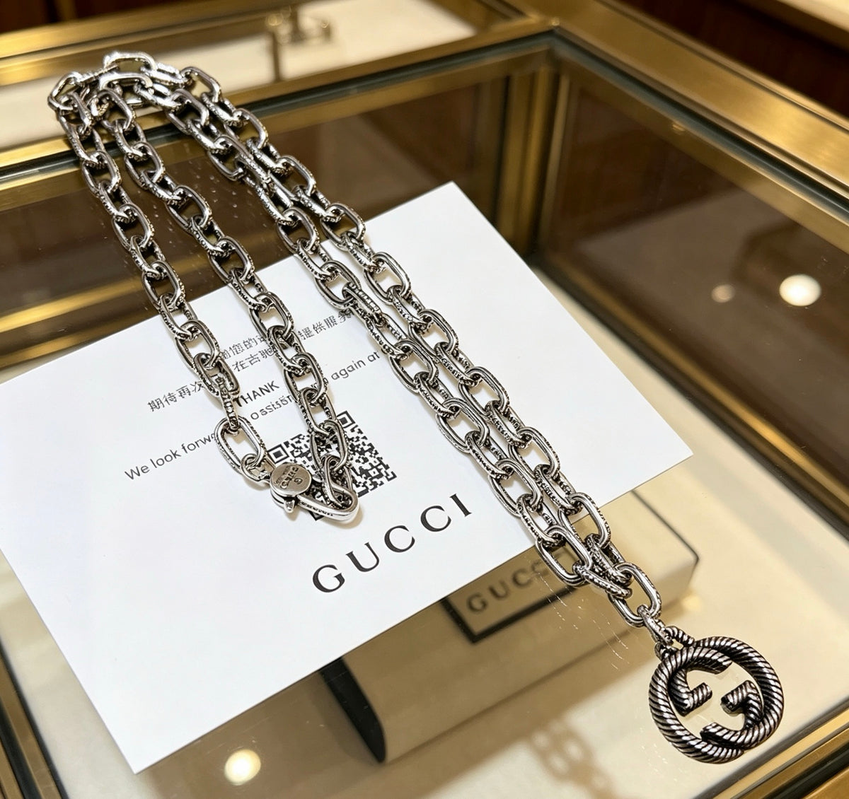 Double-G Emblem Pendant Necklace in Polished Metal-Tone – Design 064 front product view