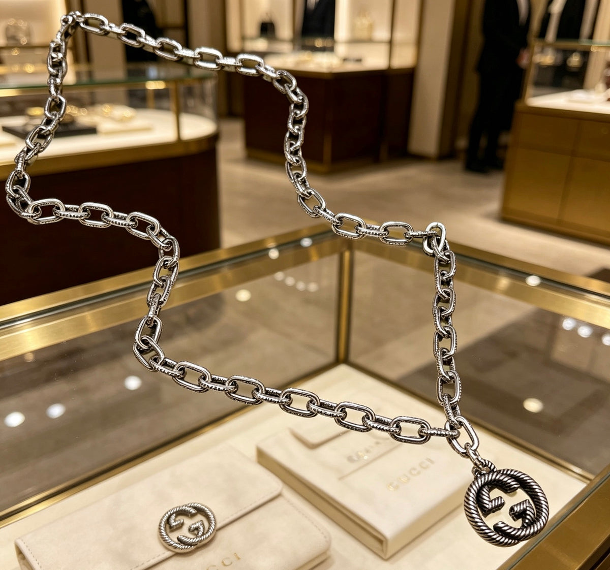 Double-G Emblem Pendant Necklace in Polished Metal-Tone – Design 051 front product view