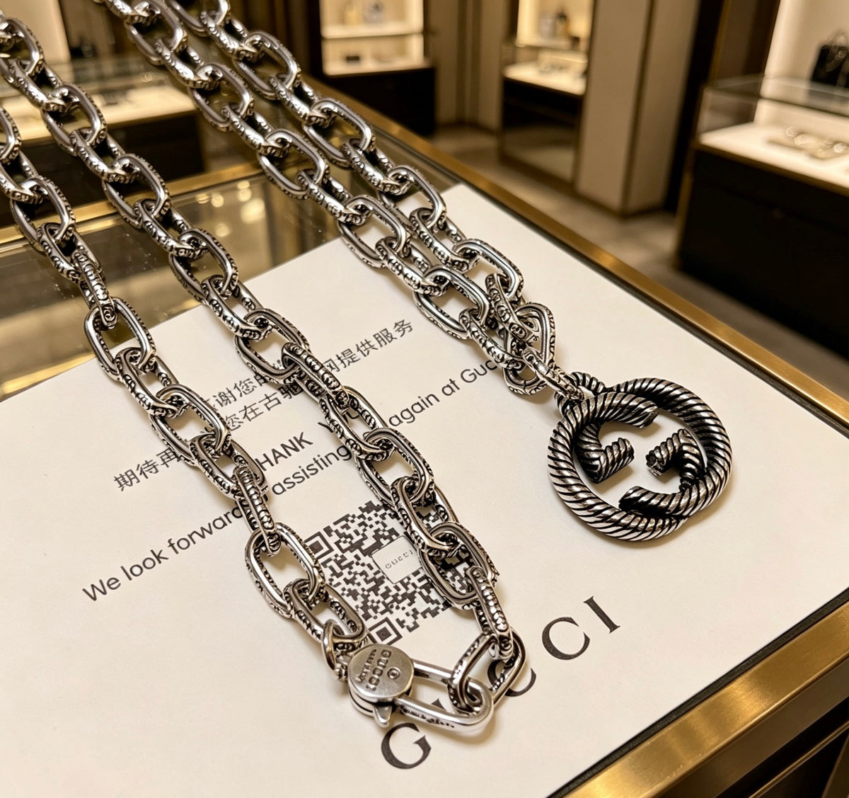 Double-G Emblem Pendant Necklace in Polished Metal-Tone – Design 064 main product view