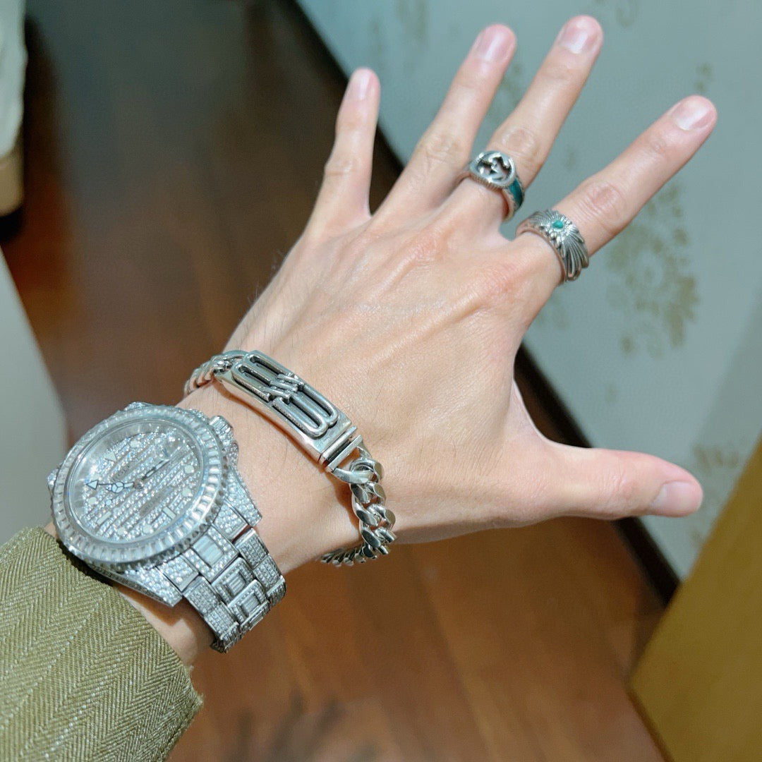 Geometric Emblem Bracelet in Polished Metal-Tone – Design 029 detail view