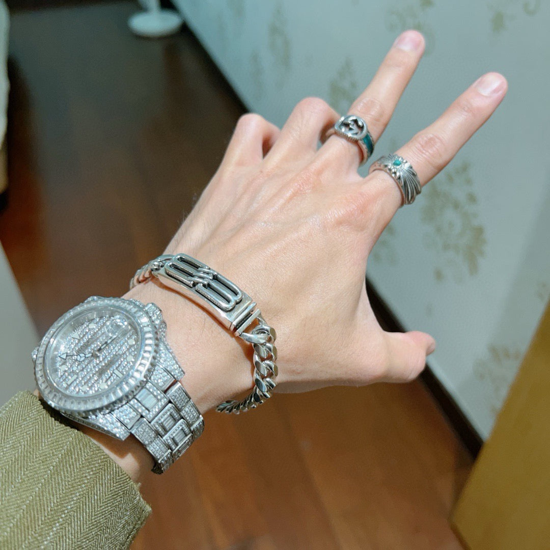 Geometric Emblem Bracelet in Polished Metal-Tone – Design 023 styled product view