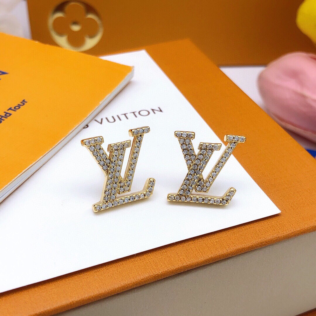 Letter Emblem Stud Earrings in Silver-Tone – Silver Detail – Design 002 front product view