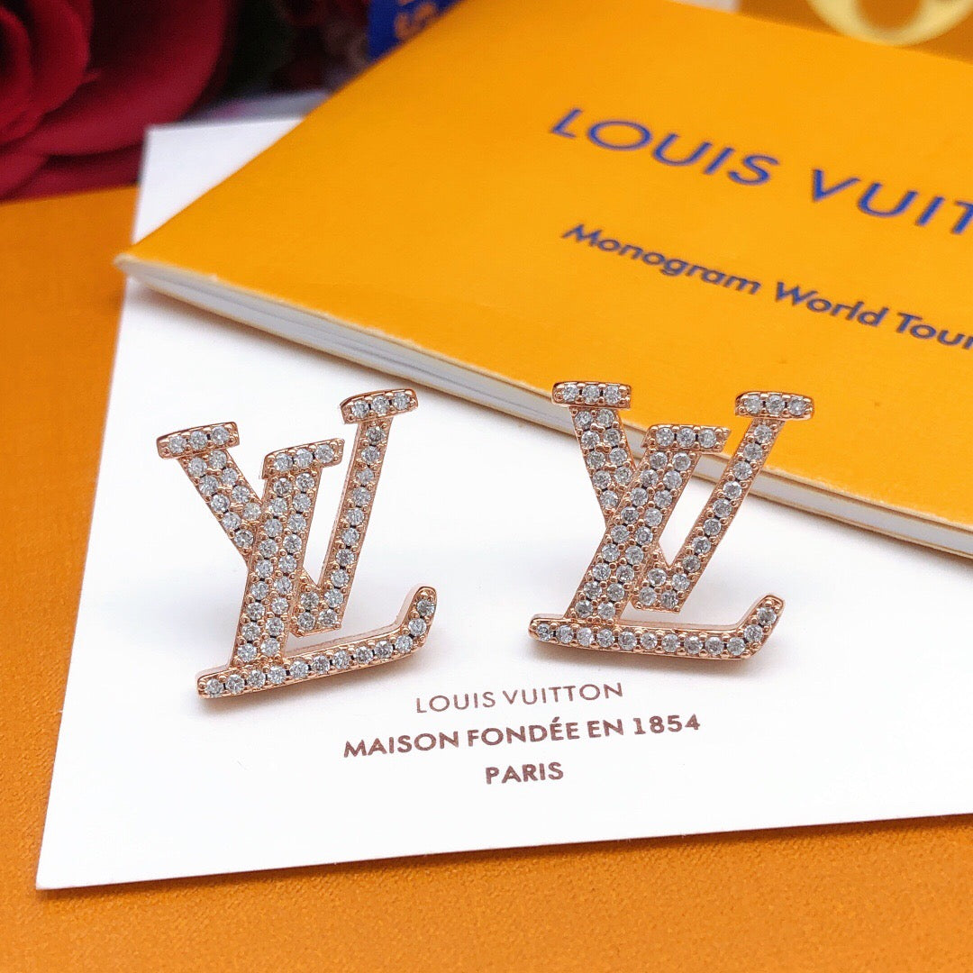 Letter Emblem Stud Earrings in Silver-Tone – Silver Detail – Design 005 main product view