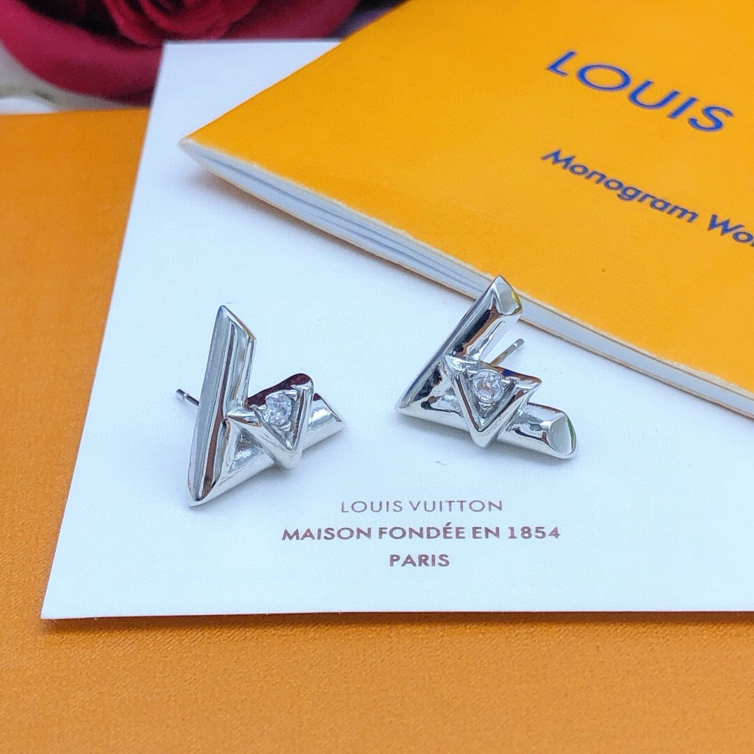 Geometric Emblem Stud Earrings in Silver-Tone – Silver Detail – Design 006 front product view