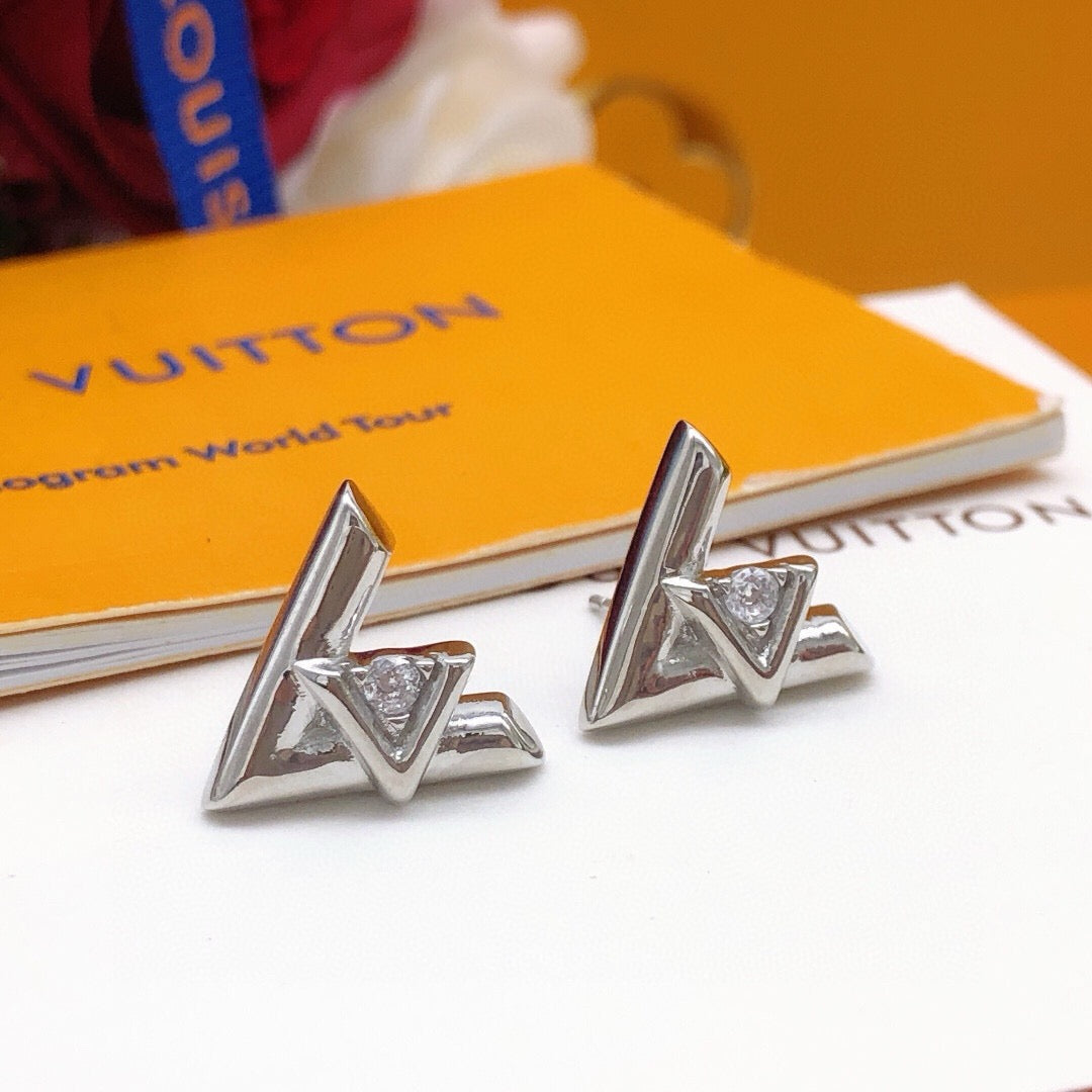 Geometric Emblem Stud Earrings in Silver-Tone – Silver Detail – Design 004 main product view