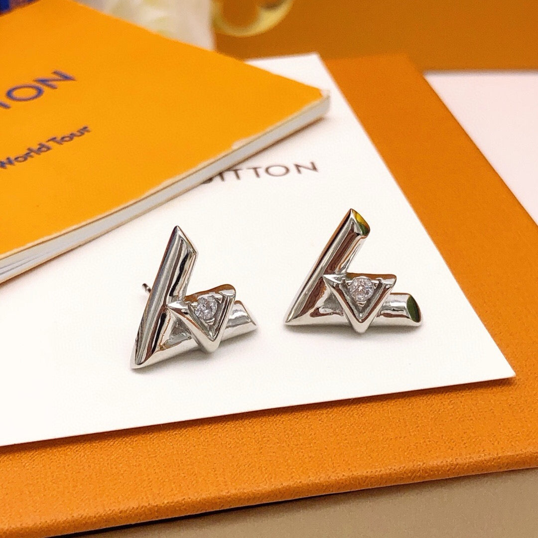 Geometric Emblem Stud Earrings in Silver-Tone – Silver Detail – Design 004 main product view
