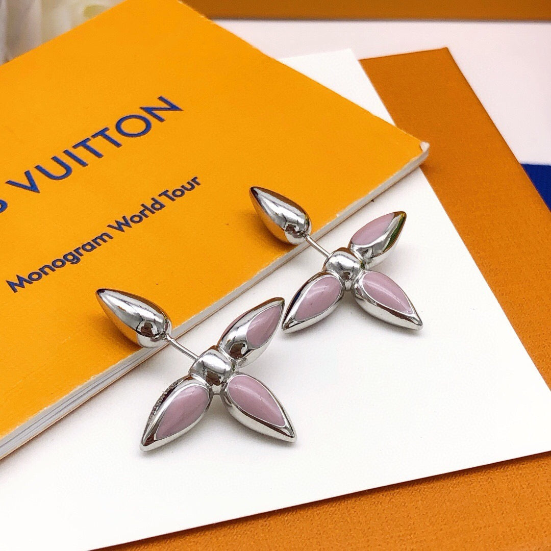 Geometric Emblem Stud Earrings in Gold-Tone – Pink Detail – Design 003 side detail