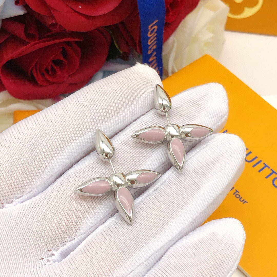 Geometric Emblem Stud Earrings in Gold-Tone – Pink Detail – Design 002 styled product view