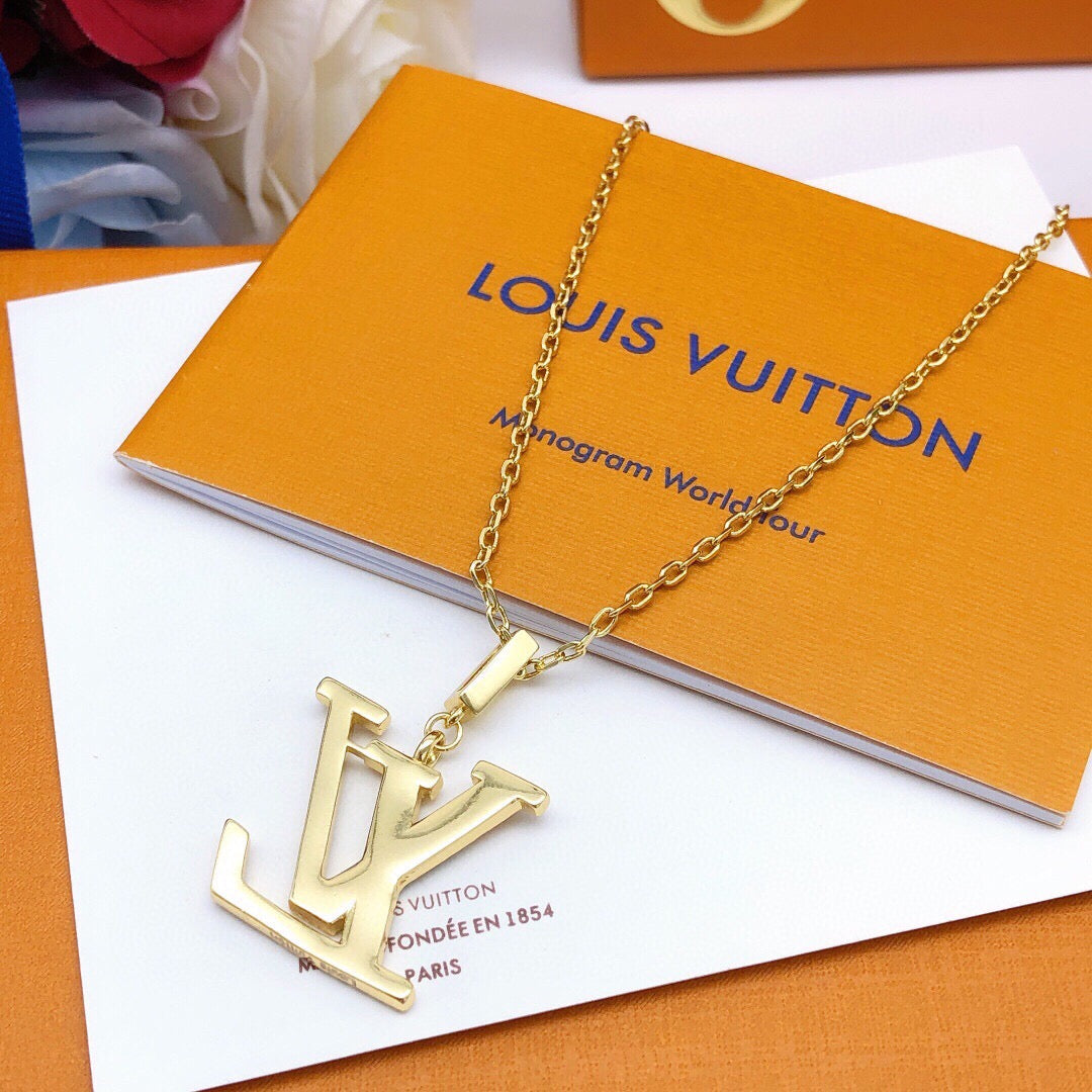 Geometric Emblem Pendant Necklace in Gold-Tone – Design 014 front product view