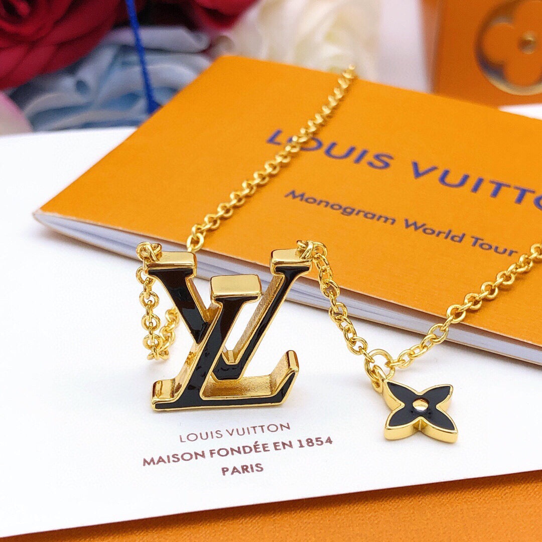 Geometric Emblem Pendant Necklace in Gold-Tone – Black Detail – Design 002 detail view