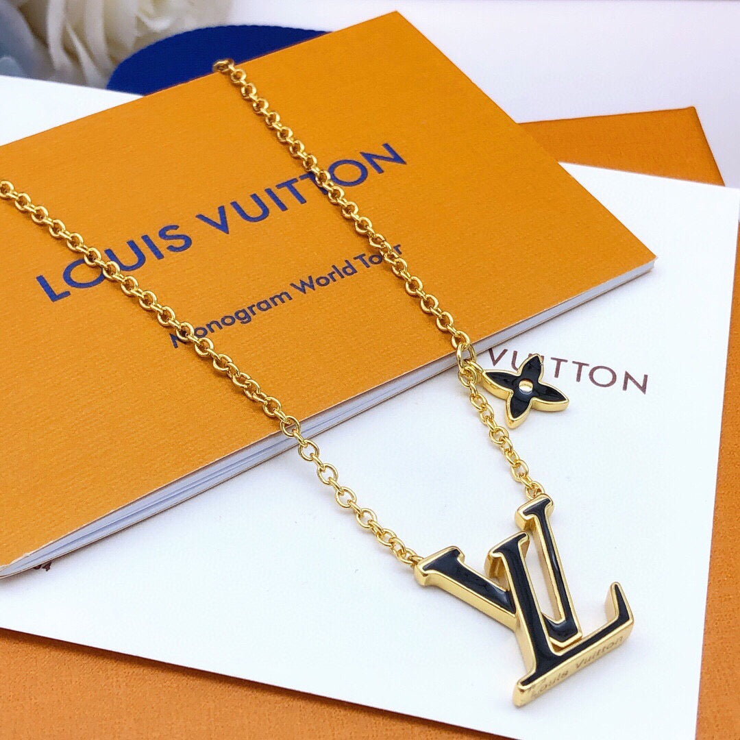 Geometric Emblem Pendant Necklace in Gold-Tone – Black Detail – Design 002 main product view