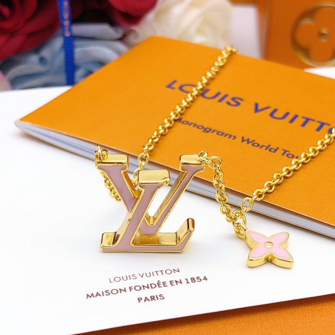 Geometric Emblem Pendant Necklace in Gold-Tone – Pink Detail – Design 002 side detail