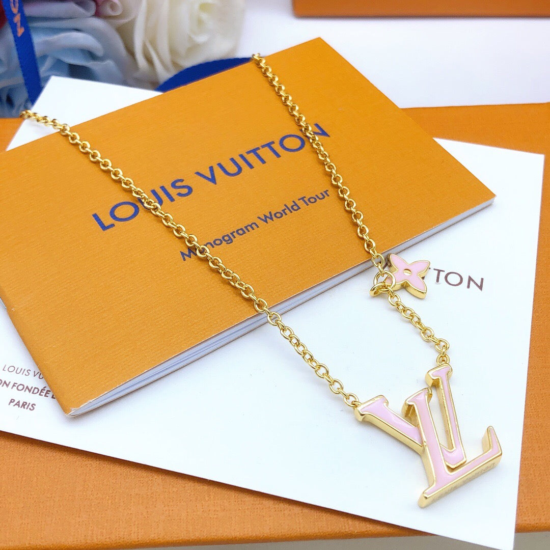 Geometric Emblem Pendant Necklace in Gold-Tone – Pink Detail main product view