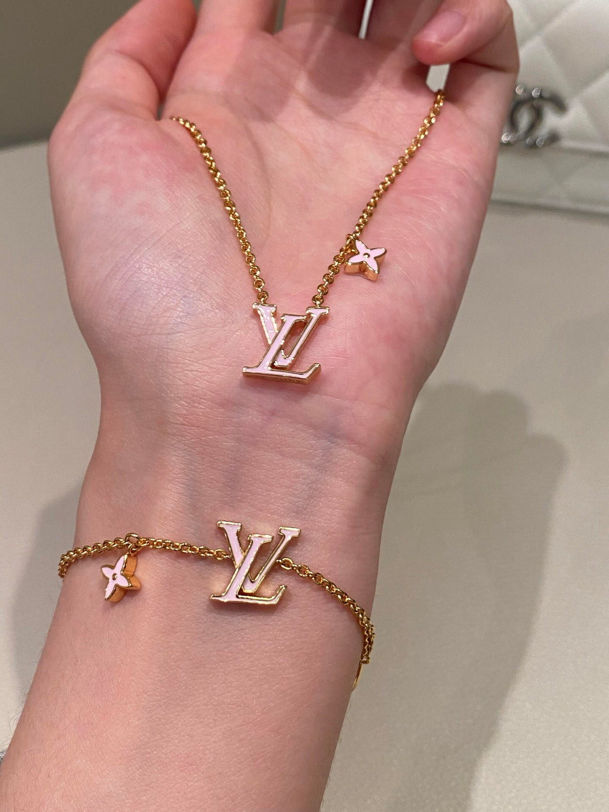 Geometric Emblem Pendant Necklace in Gold-Tone – Pink Detail side detail