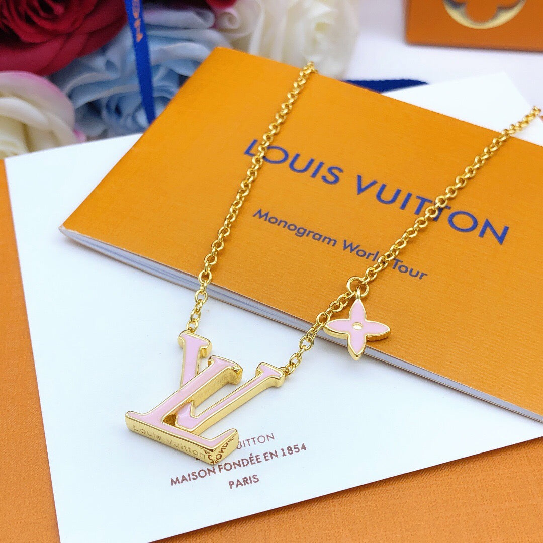 Geometric Emblem Pendant Necklace in Gold-Tone – Pink Detail front product view