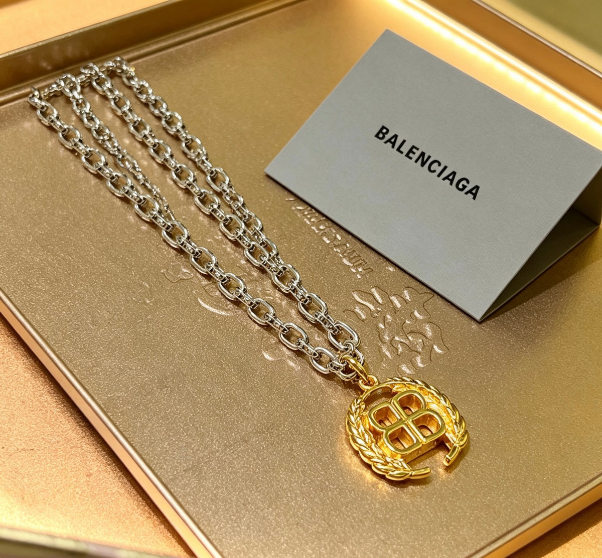 Geometric Emblem Pendant Necklace in Polished Metal-Tone – Vintage Detail – Design 031 detail view
