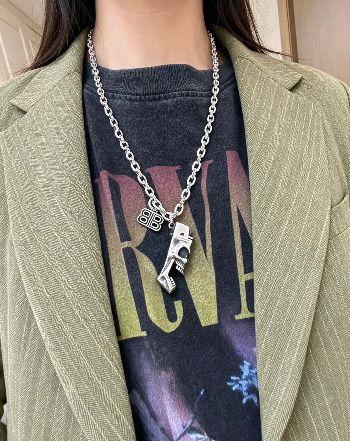 Geometric Emblem Pendant Necklace in Polished Metal-Tone – Vintage Detail – Design 014 styled product view