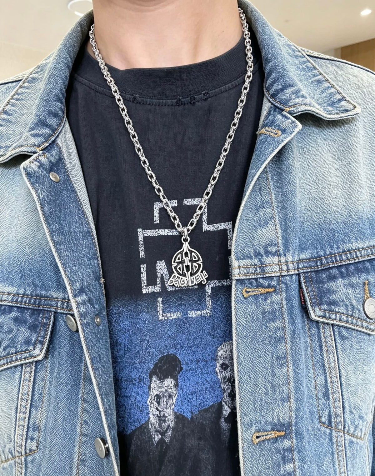 Geometric Emblem Pendant Necklace in Polished Metal-Tone – Vintage Detail – Design 025 styled product view
