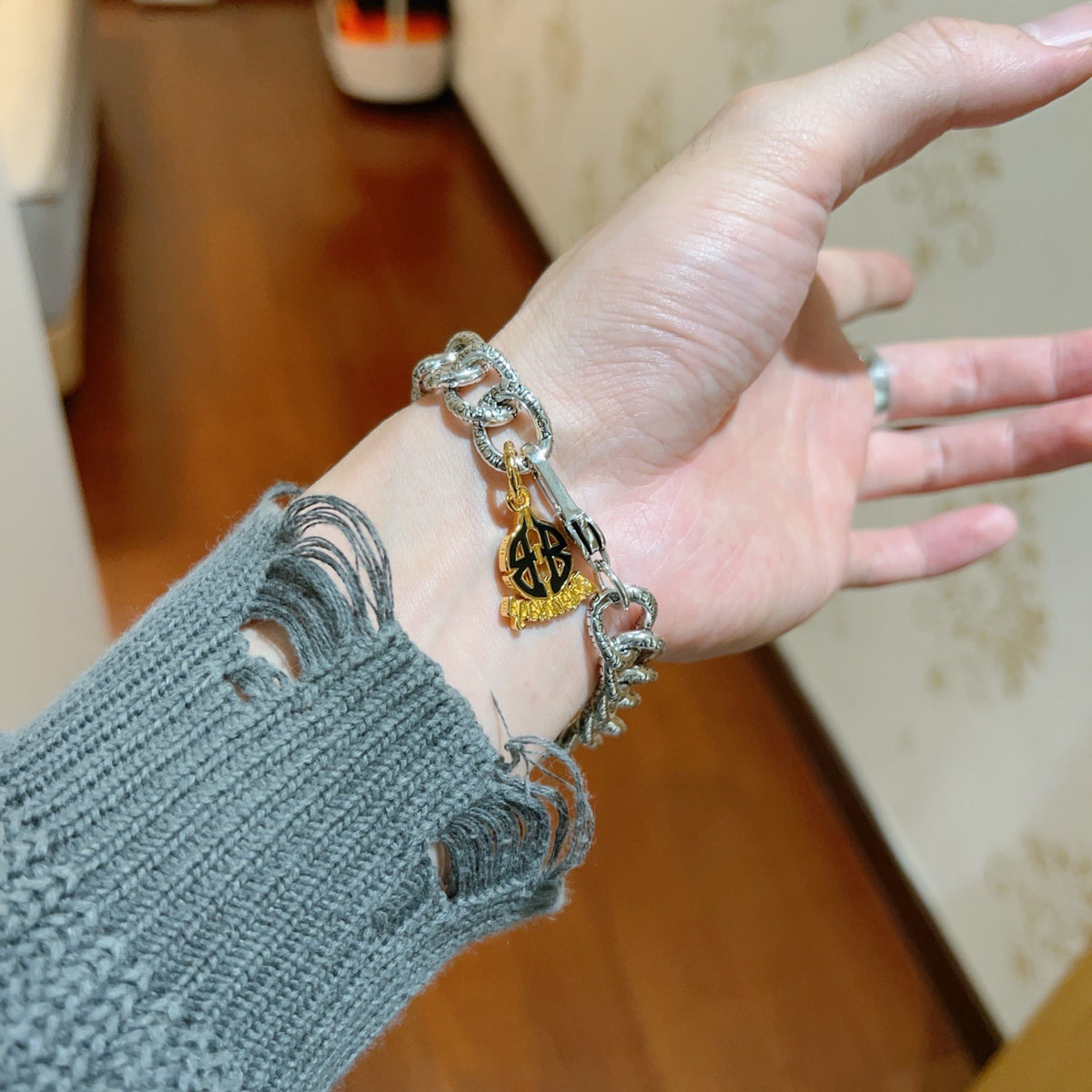 Geometric Emblem Bracelet in Polished Metal-Tone – Design 010 front product view