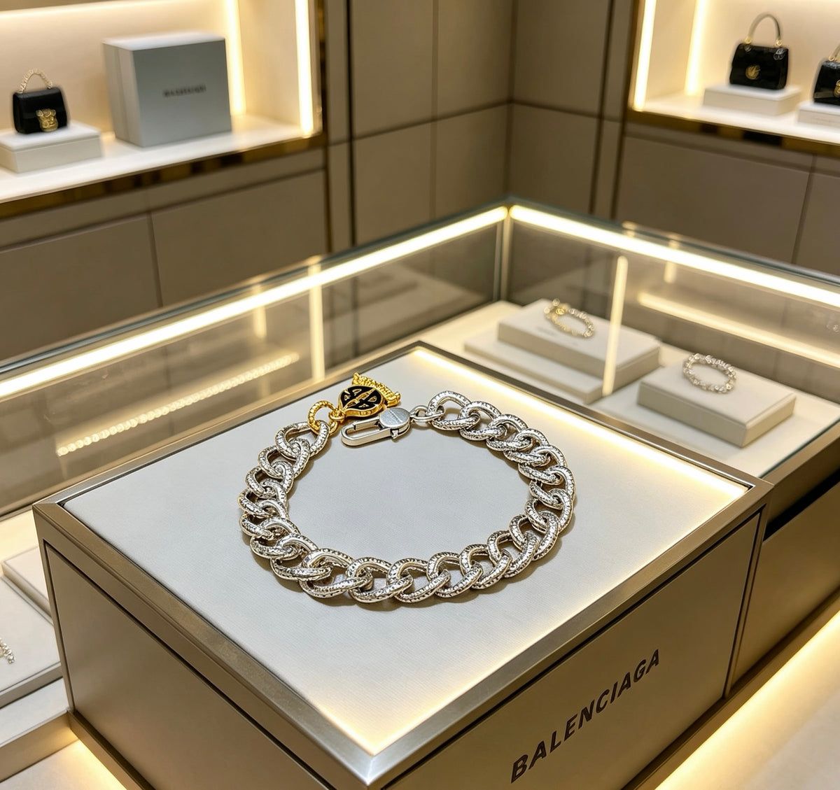 Geometric Emblem Bracelet in Polished Metal-Tone – Design 018 front product view