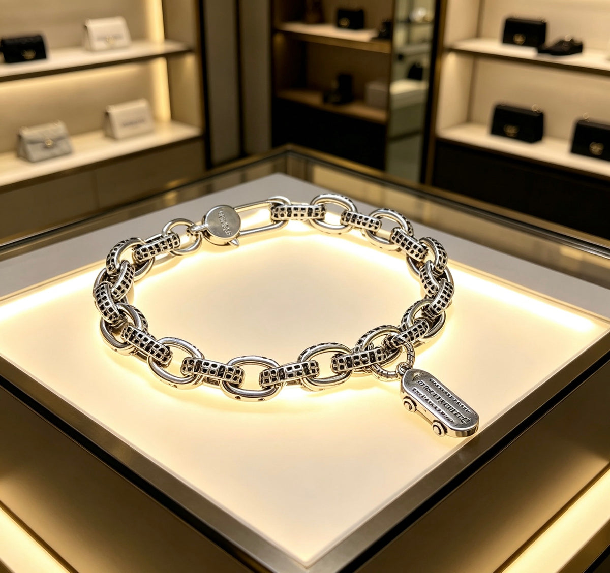 Geometric Emblem Bracelet in Polished Metal-Tone – Design 009 detail view