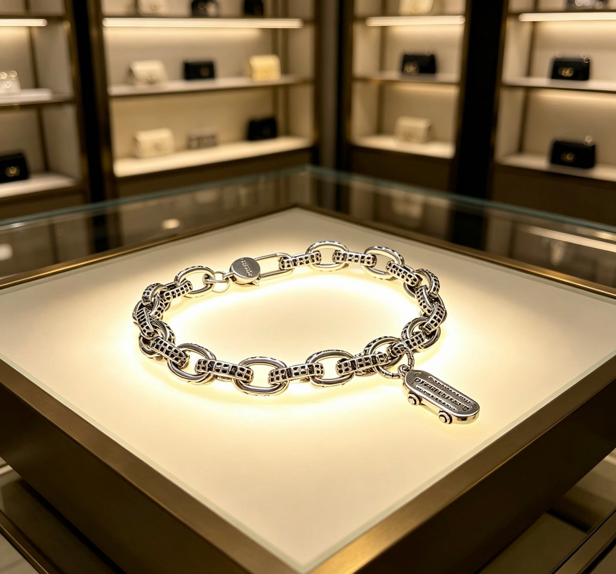 Geometric Emblem Bracelet in Polished Metal-Tone – Design 009 side detail