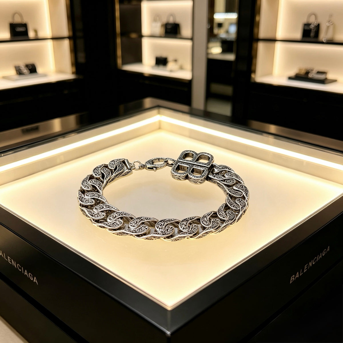 Geometric Emblem Bracelet in Polished Metal-Tone – Design 008 close-up detail