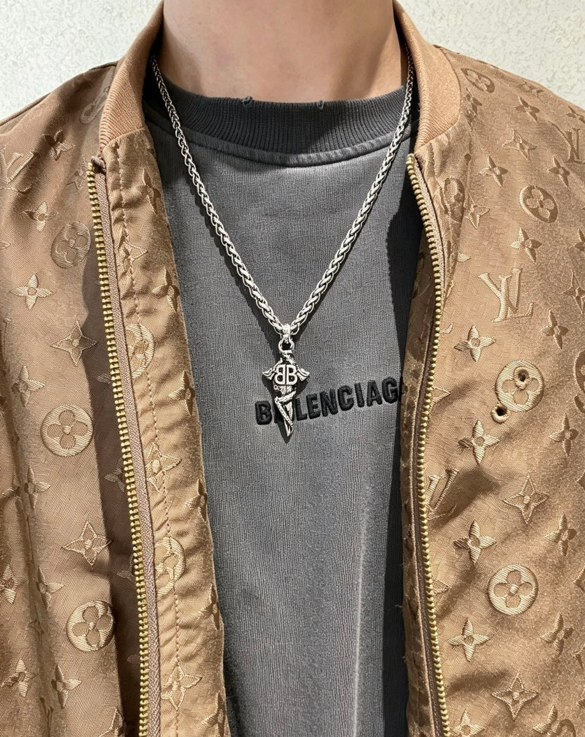Geometric Emblem Pendant Necklace in Polished Metal-Tone – Vintage Detail – Design 009 styled product view