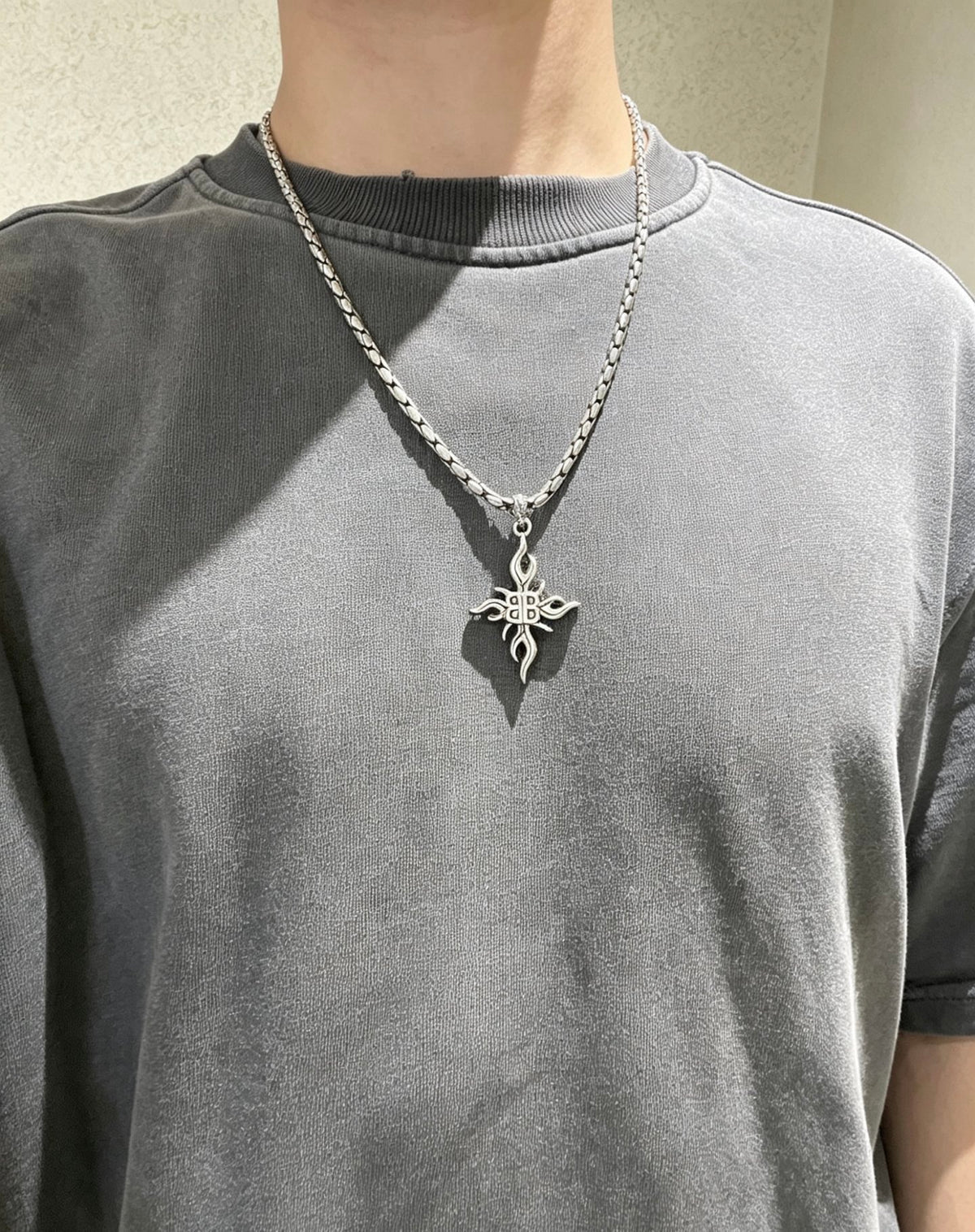 Geometric Emblem Pendant Necklace in Polished Metal-Tone – Vintage Detail – Design 008 detail view