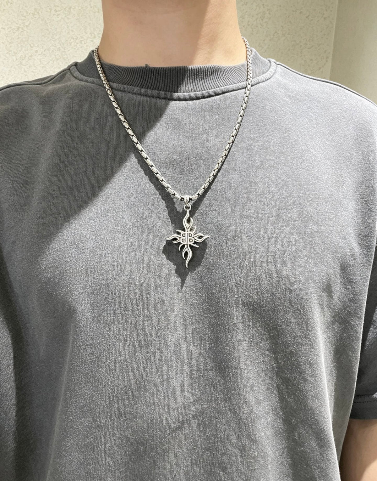 Geometric Emblem Pendant Necklace in Polished Metal-Tone – Vintage Detail – Design 008 styled product view