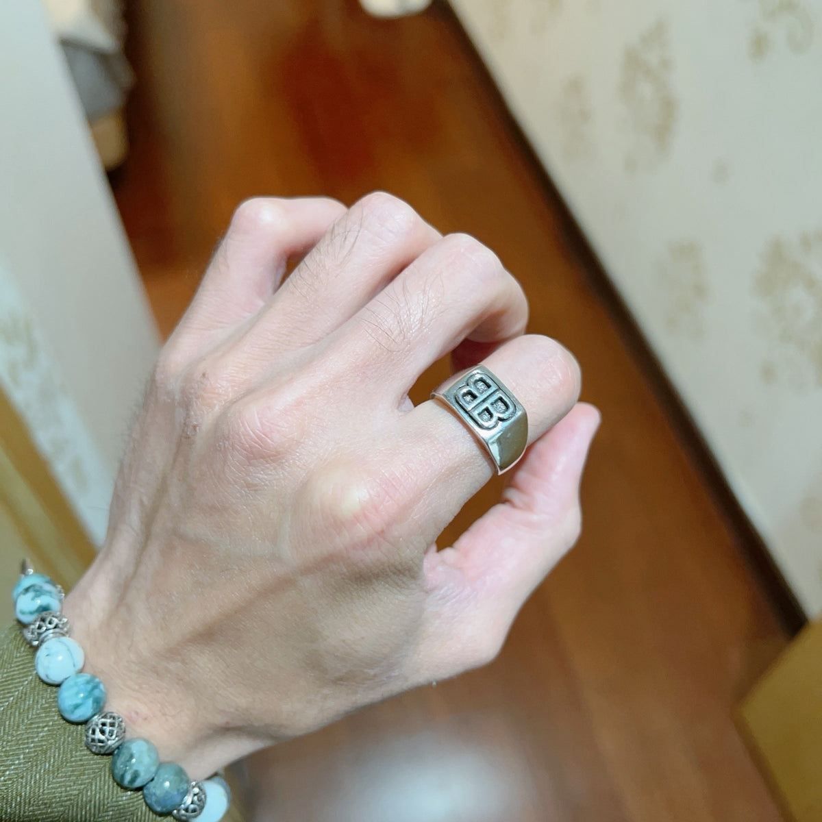 Geometric Emblem Statement Ring in Polished Metal-Tone – Design 002 styled product view