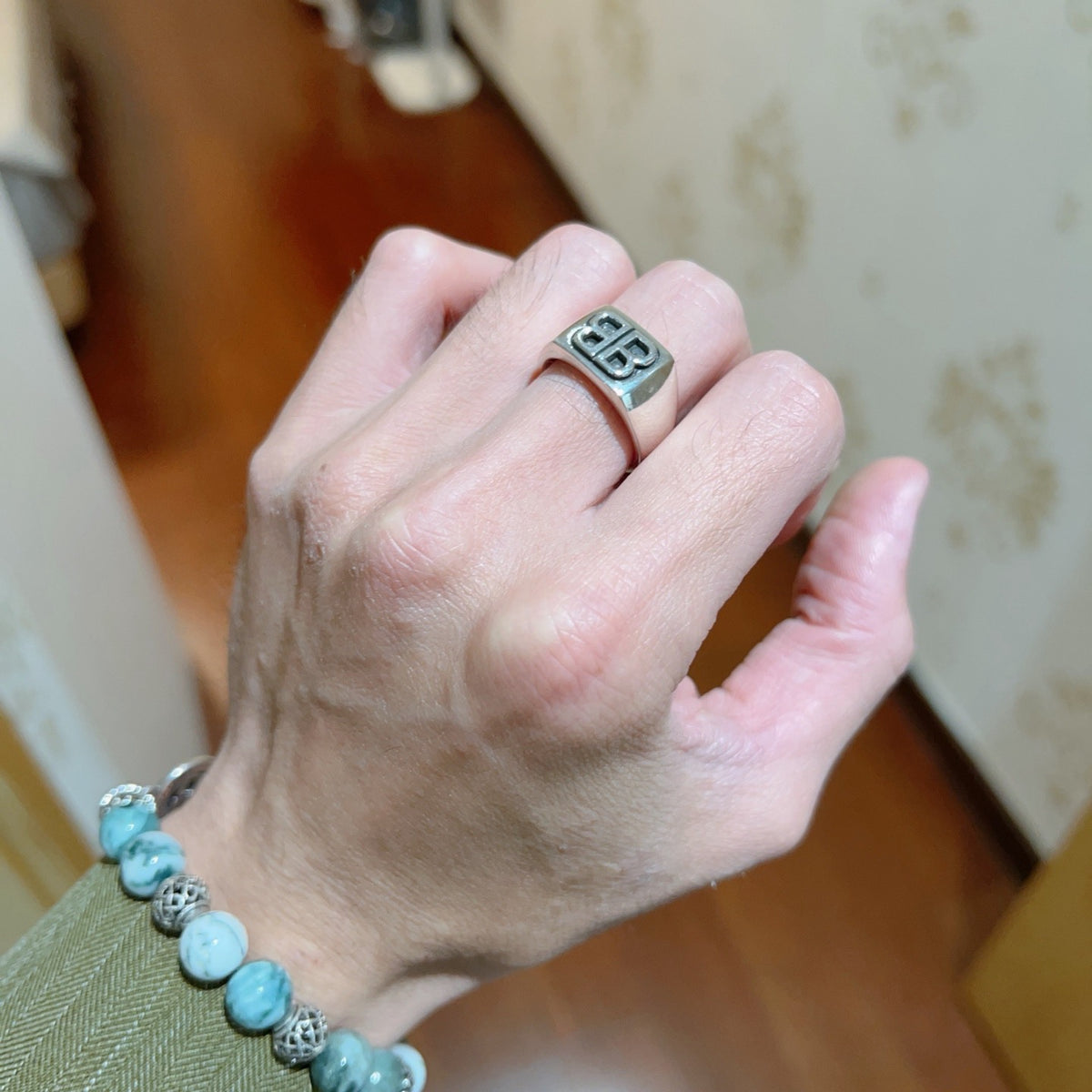 Geometric Emblem Statement Ring in Polished Metal-Tone – Design 002 detail view