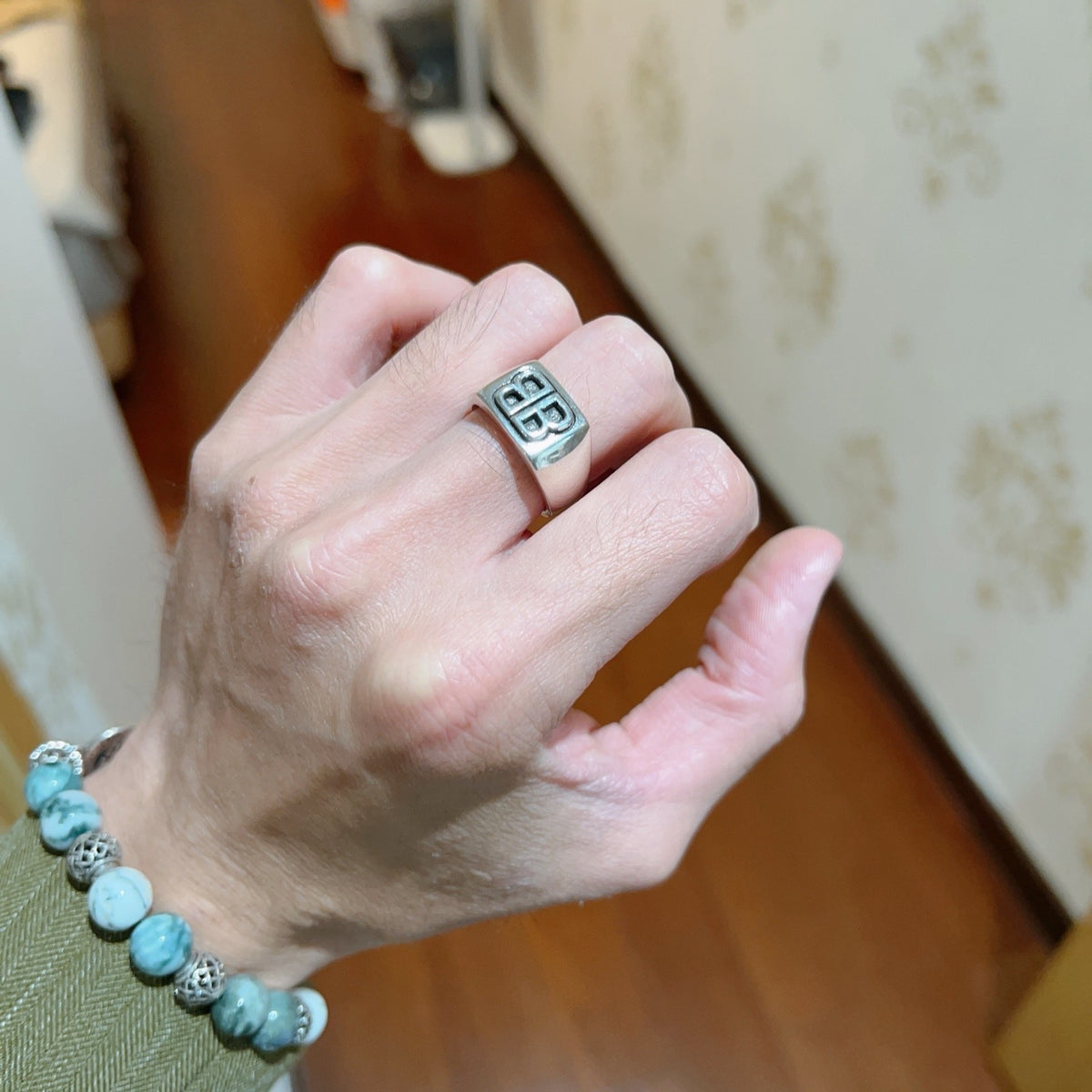 Geometric Emblem Statement Ring in Polished Metal-Tone – Design 004 detail view