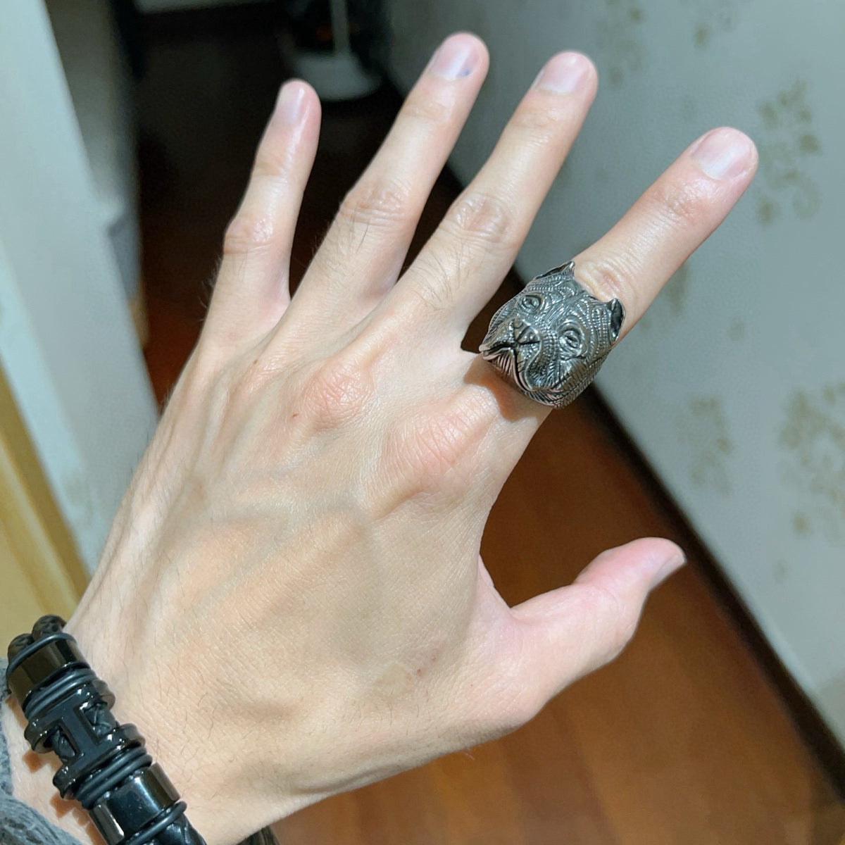 Geometric Emblem Statement Ring in Polished Metal-Tone – Vintage Detail – Design 002 detail view