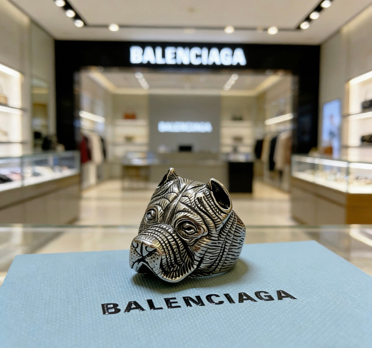 Geometric Emblem Statement Ring in Polished Metal-Tone – Vintage Detail main product view
