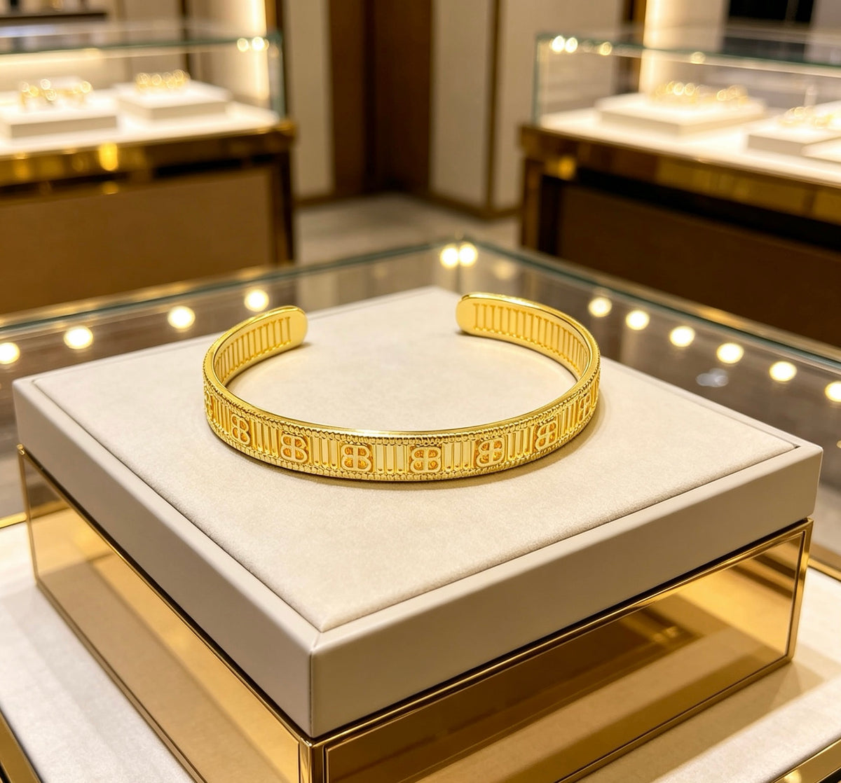 Geometric Emblem Bangle in Polished Metal-Tone – Design 002 detail view