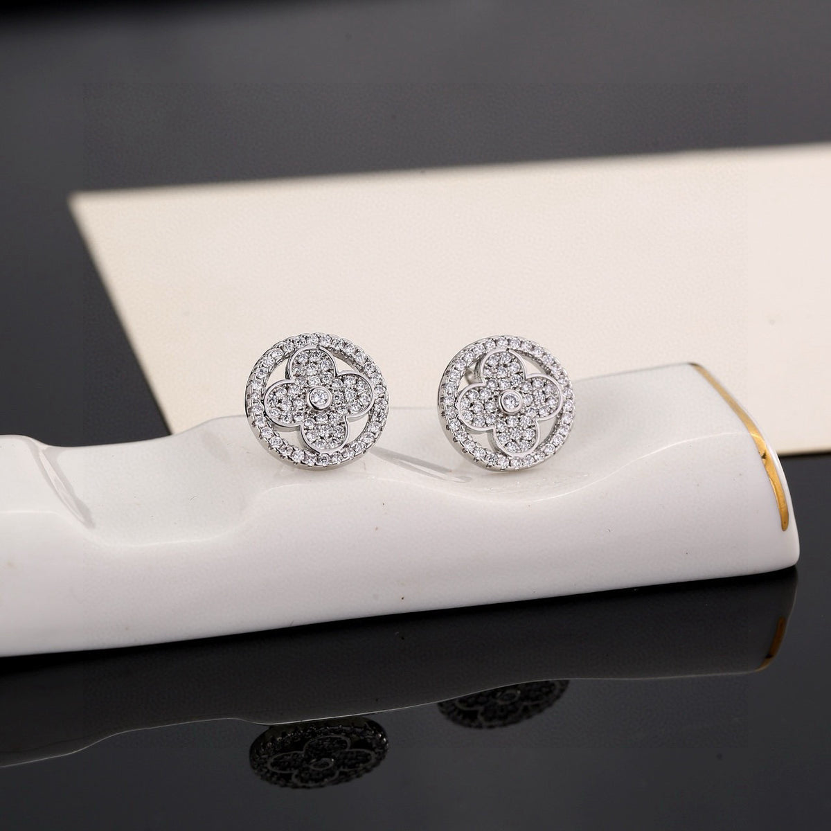 Geometric Emblem Stud Earrings in Polished Metal-Tone – Design 002 styled product view
