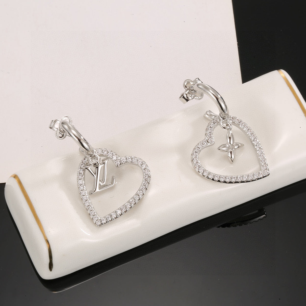 Letter Emblem Stud Earrings in Polished Metal-Tone – Design 008 front product view