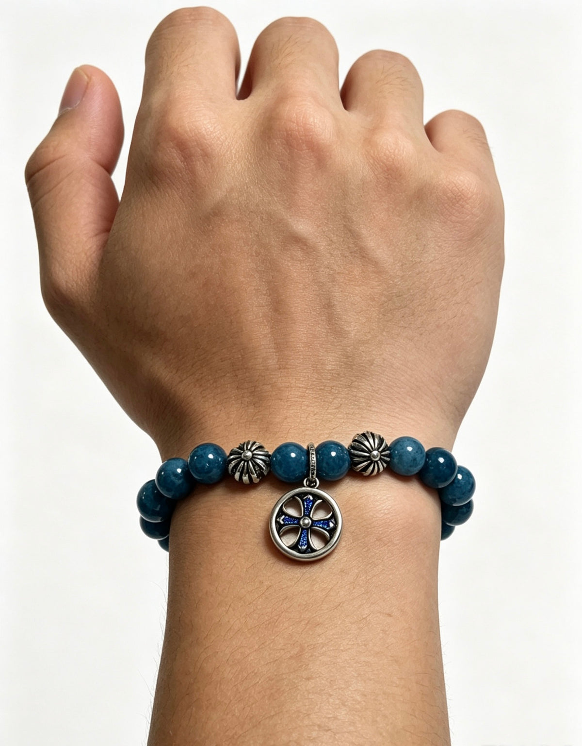 Cross Statement Bracelet in Antique Silver-Tone – Agate Detail – Design 02 front product view