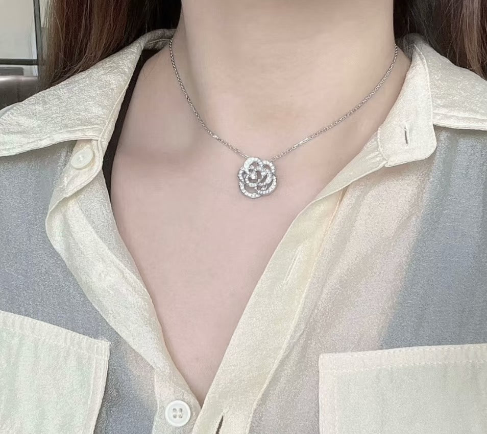 Camellia Pendant Necklace in Gold-Tone – Camellia Detail – Design 004 front product view
