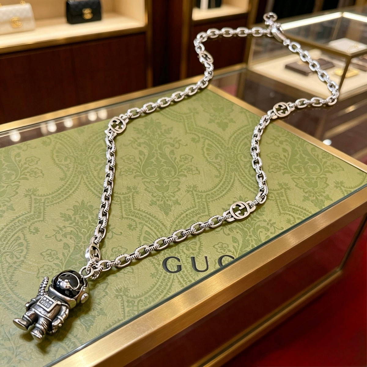 Double-G Emblem Pendant Necklace in Polished Metal-Tone – Vintage Detail – Design 003 main product view