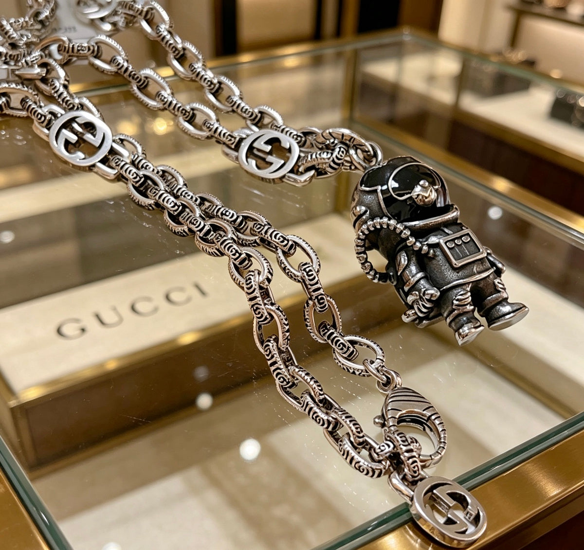 Double-G Emblem Pendant Necklace in Polished Metal-Tone – Vintage Detail – Design 007 front product view