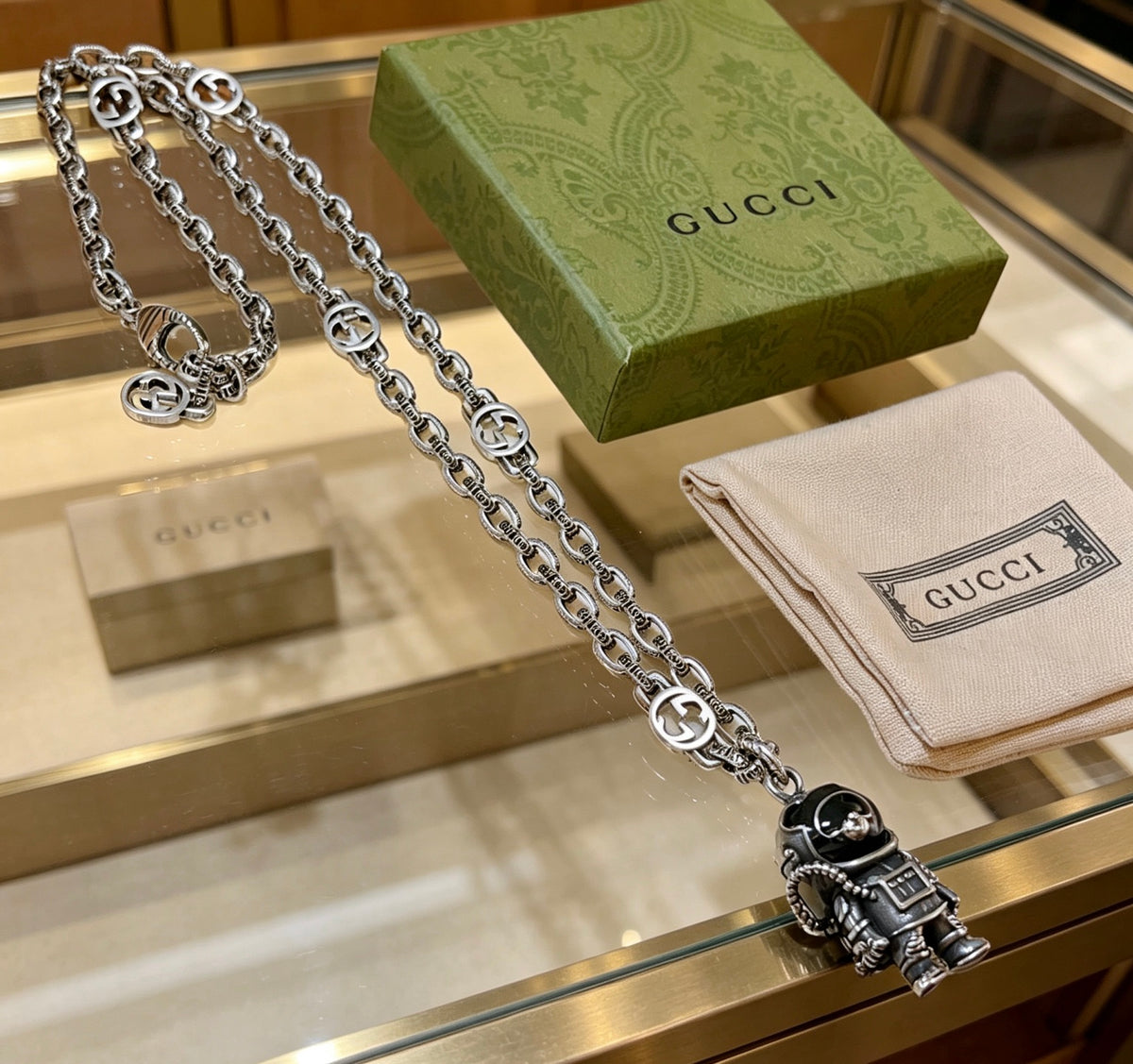 Double-G Emblem Pendant Necklace in Polished Metal-Tone – Vintage Detail – Design 003 front product view