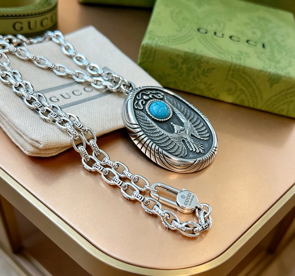 Double-G Emblem Pendant Necklace in Polished Metal-Tone – Vintage Detail – Design 006 main product view