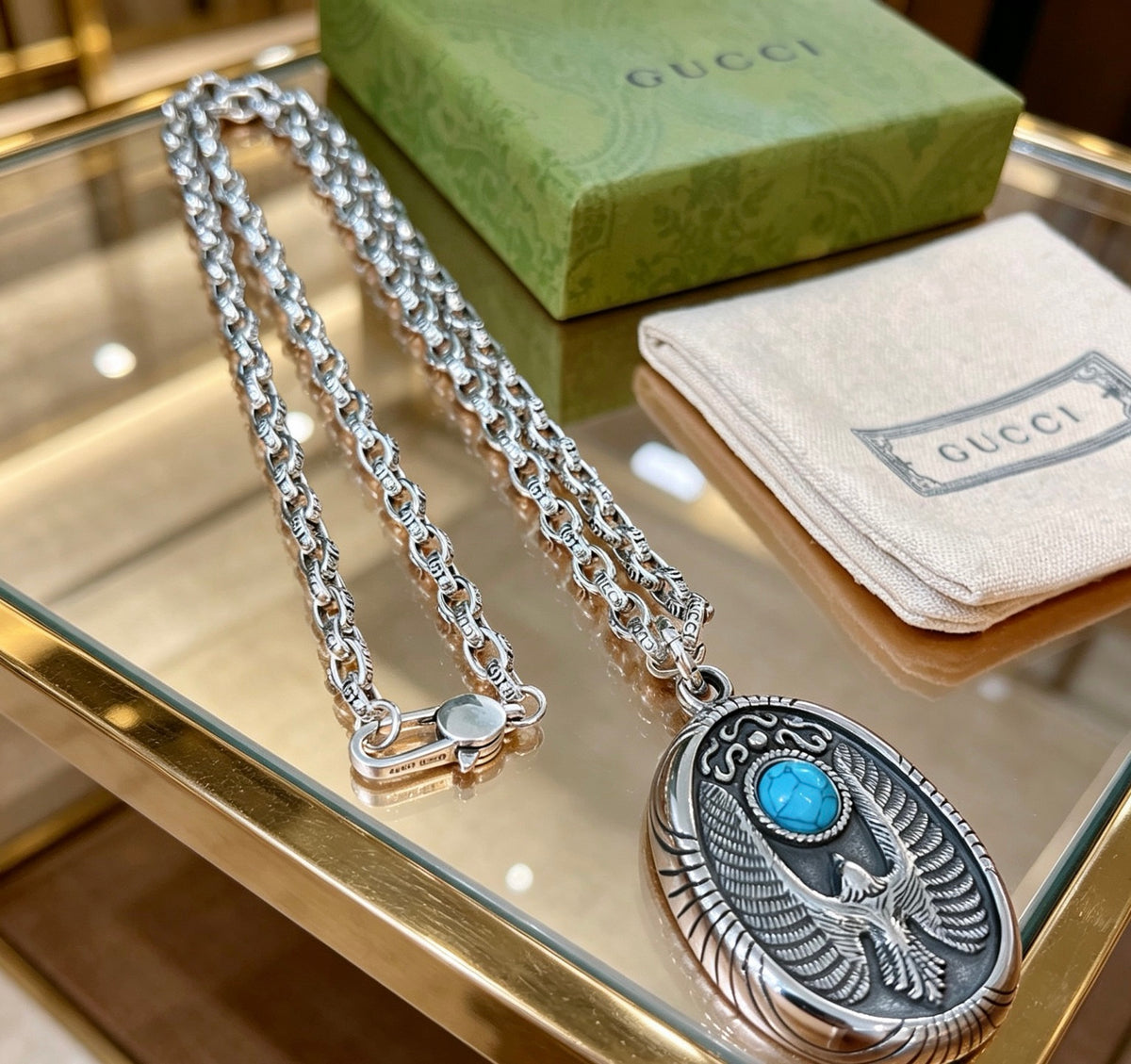 Double-G Emblem Pendant Necklace in Polished Metal-Tone – Vintage Detail – Design 002 main product view