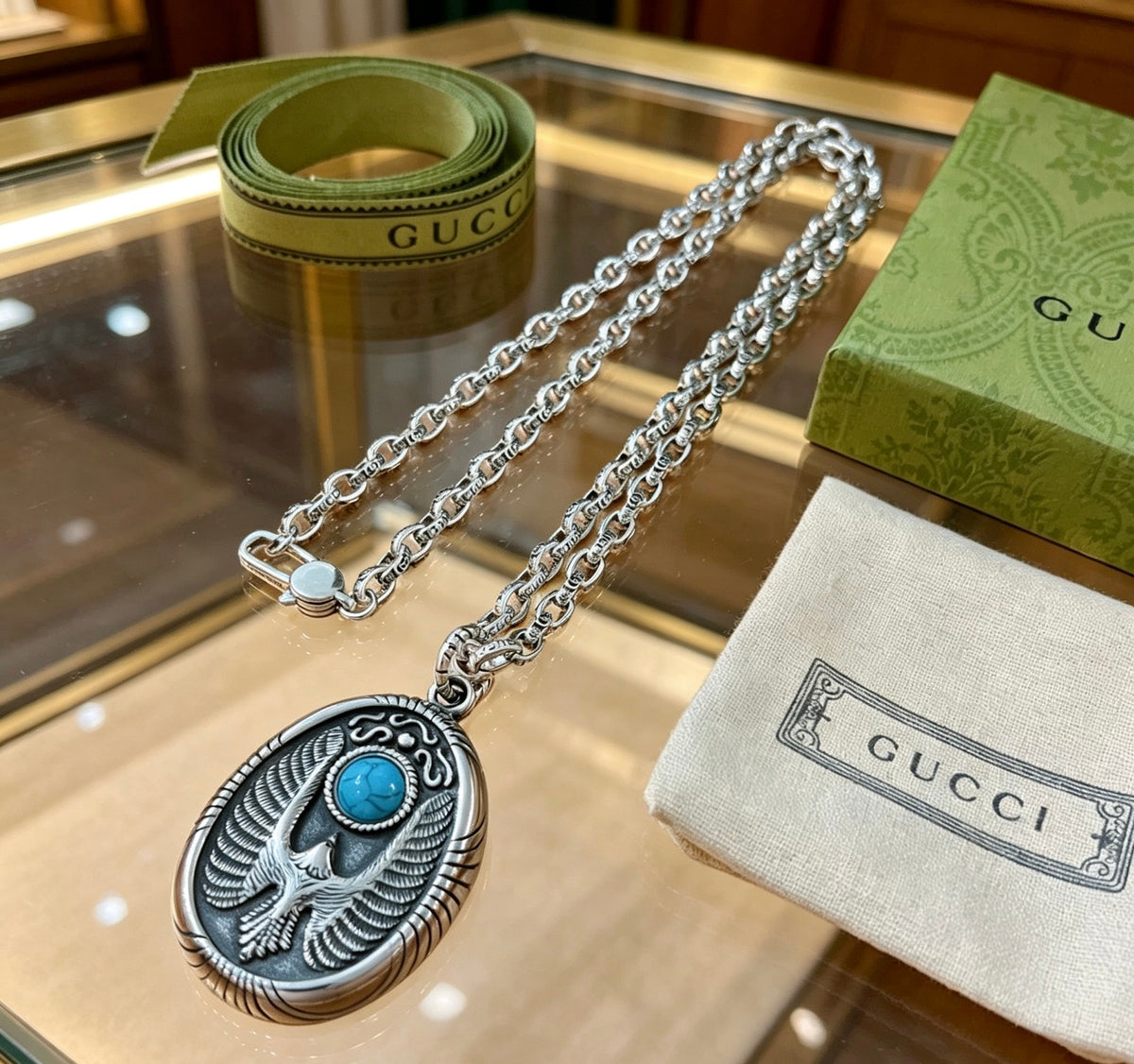 Double-G Emblem Pendant Necklace in Polished Metal-Tone – Vintage Detail – Design 006 front product view