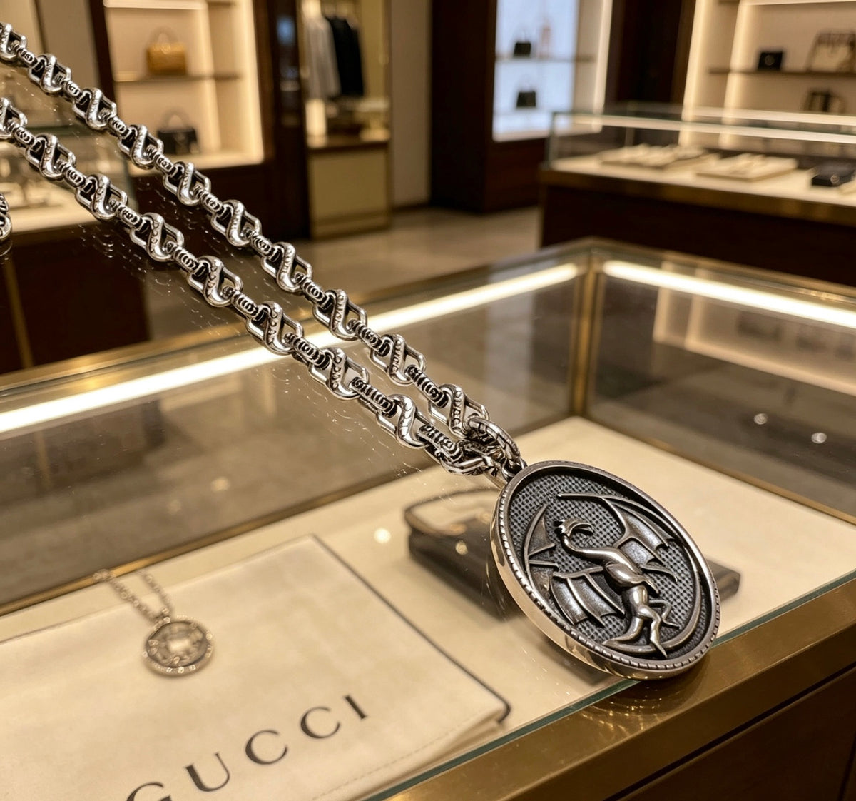 Double-G Emblem Pendant Necklace in Polished Metal-Tone – Design 019 close-up detail