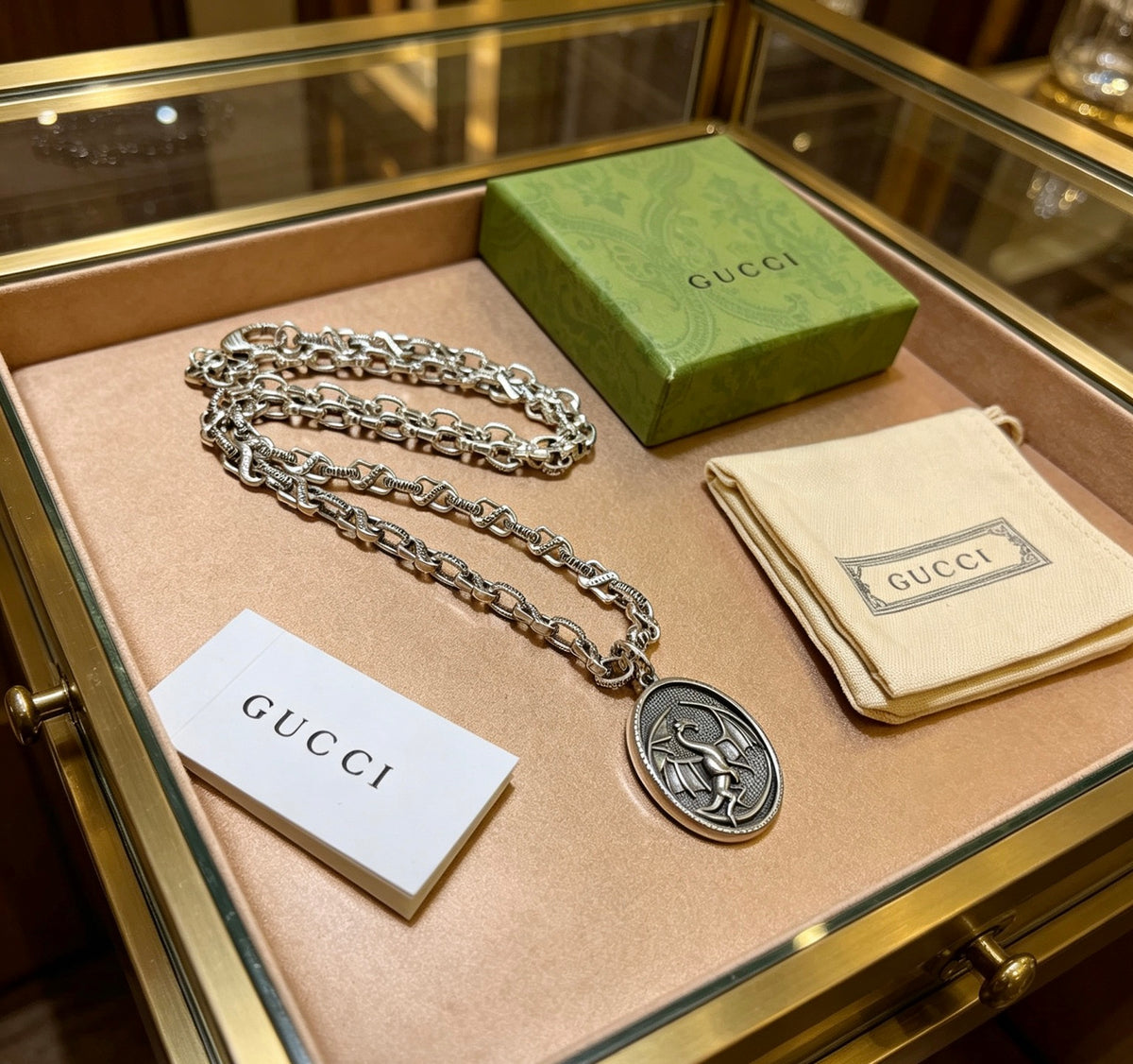 Double-G Emblem Pendant Necklace in Polished Metal-Tone – Design 019 front product view