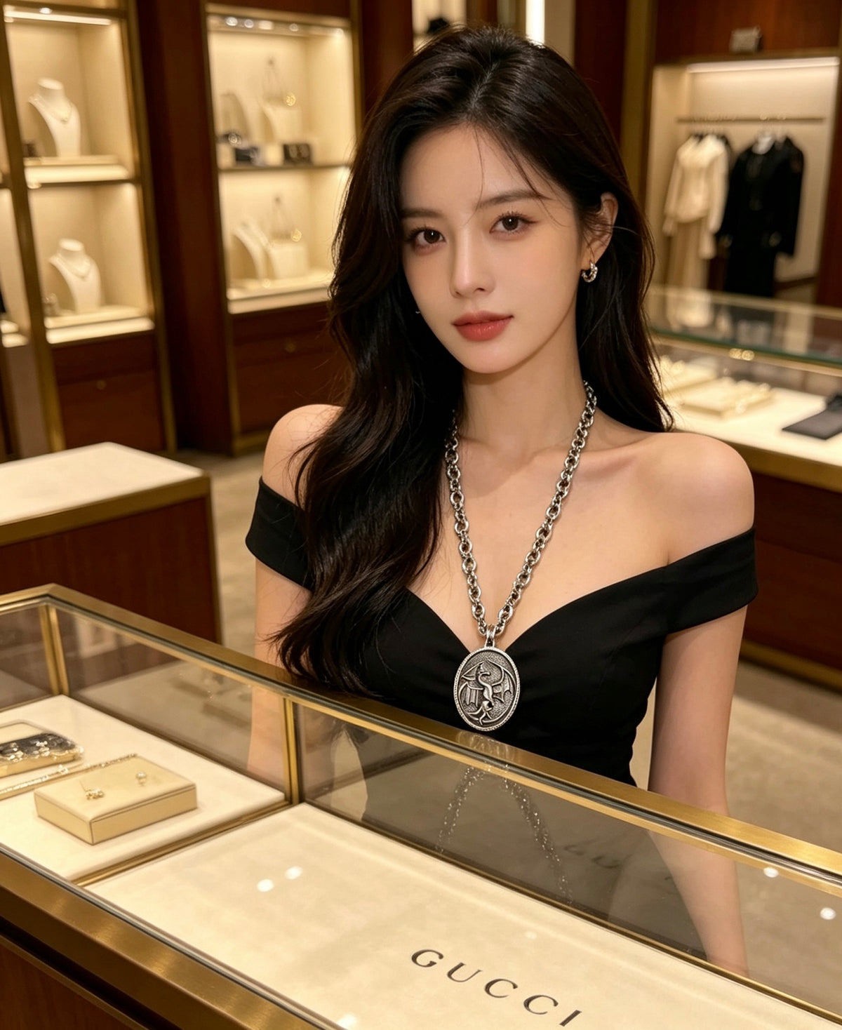 Double-G Emblem Pendant Necklace in Polished Metal-Tone – Design 019 front product view
